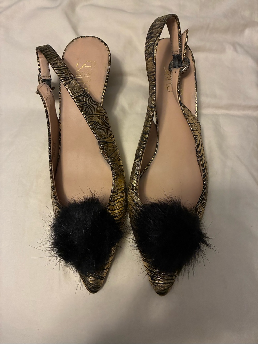 Franco Sarto Black and Gold Heels with Fur Accent